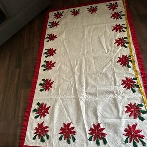 Festive Red and White Holiday felt table cloth with poinsettias